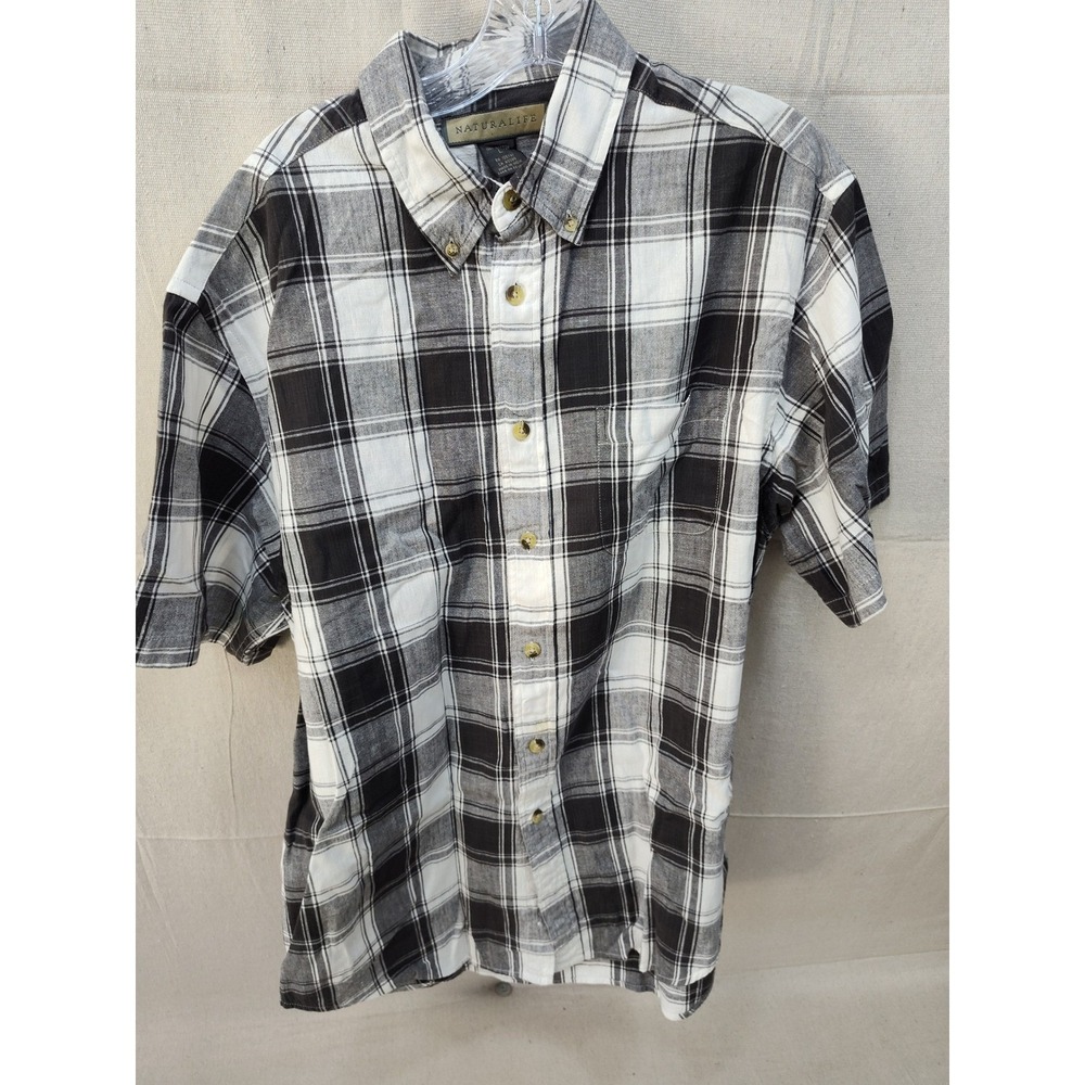 Naturalife Mens Large Black‎ White Plaid Cotton Short Sleeve Button Down Shirt